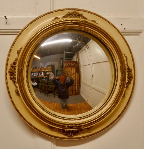 LARGE FRENCH CONVEX WALL MIRROR IN GILT AND CREAM THE WITCHS EYE - ADDITIONAL PHOTO 1