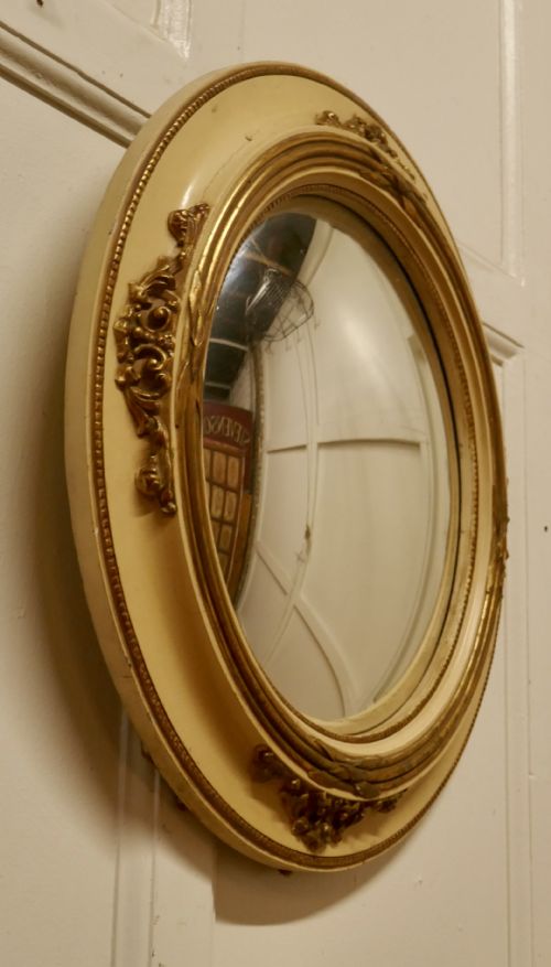 LARGE FRENCH CONVEX WALL MIRROR IN GILT AND CREAM THE WITCHS EYE - ADDITIONAL PHOTO 4