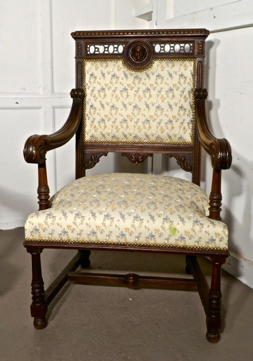 A PAIR OF LARGE FRENCH GOTHIC LIBRARY THRONE CHAIRS - ADDITIONAL PHOTO 2