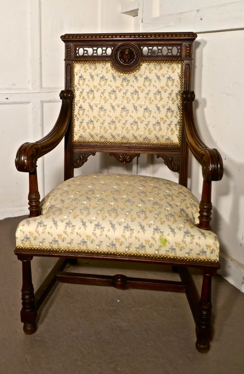 A PAIR OF LARGE FRENCH GOTHIC LIBRARY THRONE CHAIRS - ADDITIONAL PHOTO 3