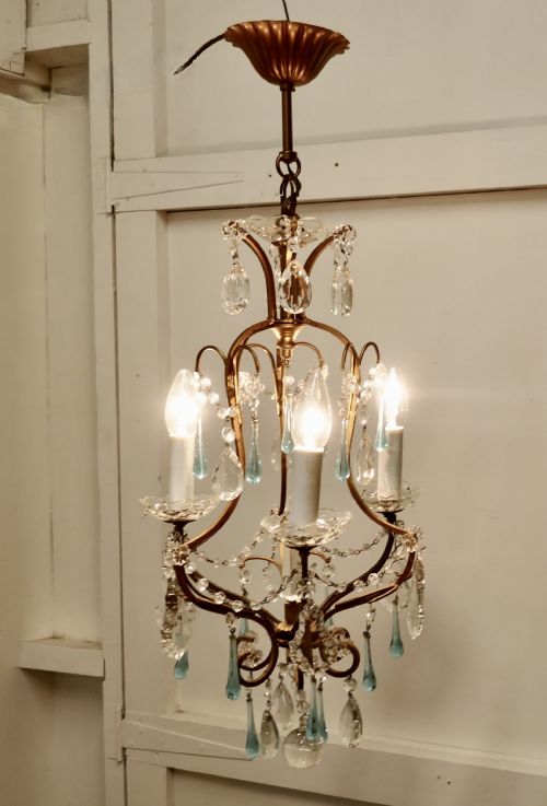 FRENCH CRYSTAL CHANDELIER WITH CHAINS AND TURQUOISE DROPS - ADDITIONAL PHOTO 3