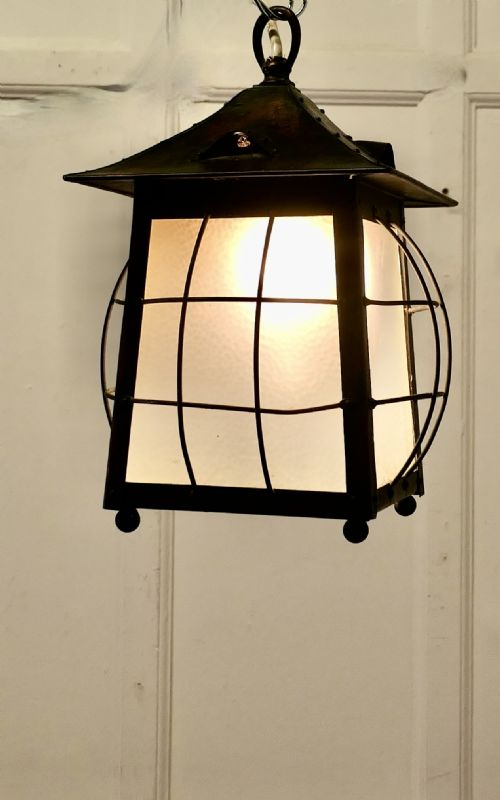 LARGE ARTS AND CRAFTS BEATEN COPPER HALL LANTERN CEILING LIGHT - ADDITIONAL PHOTO 3