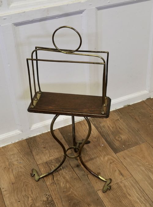 STYLISH VICTORIAN GOLDEN OAK AND BRASS REVOLVING MAGAZINE RACK - ADDITIONAL PHOTO 1