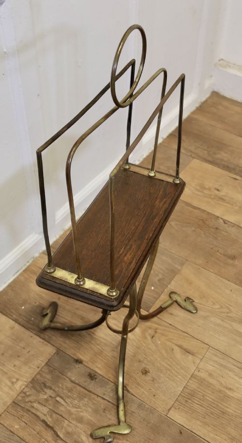 STYLISH VICTORIAN GOLDEN OAK AND BRASS REVOLVING MAGAZINE RACK - ADDITIONAL PHOTO 2