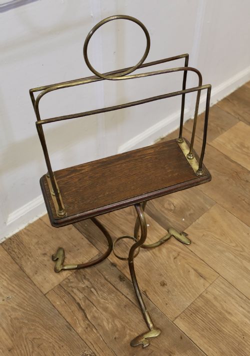 STYLISH VICTORIAN GOLDEN OAK AND BRASS REVOLVING MAGAZINE RACK - ADDITIONAL PHOTO 3