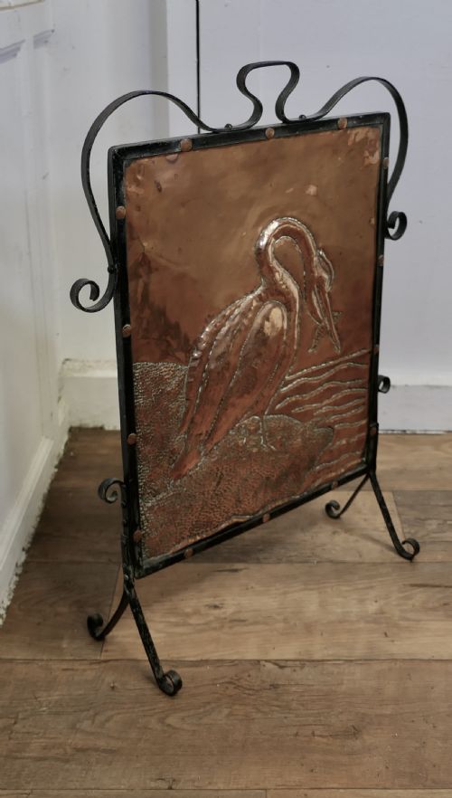 ARTS AND CRAFTS STORK AND FISH COPPER AND IRON FIRE SCREEN - ADDITIONAL PHOTO 1