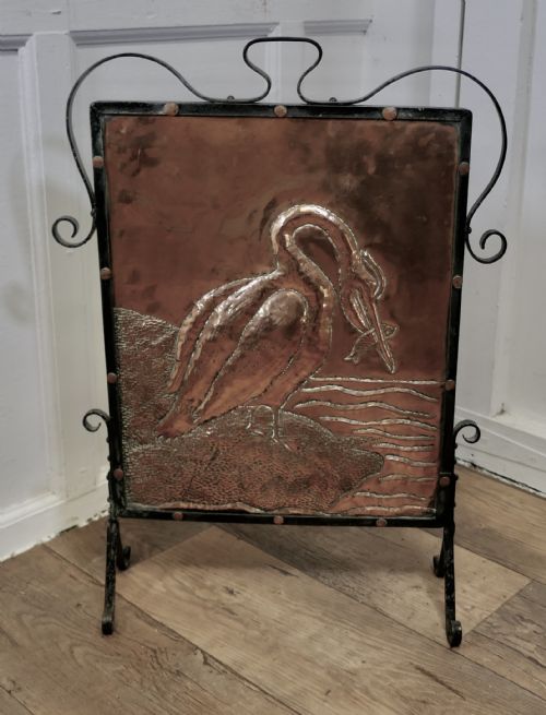 ARTS AND CRAFTS STORK AND FISH COPPER AND IRON FIRE SCREEN - ADDITIONAL PHOTO 2