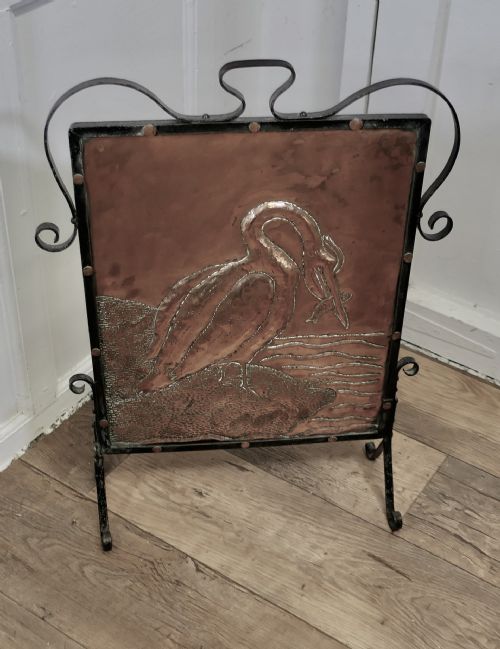 ARTS AND CRAFTS STORK AND FISH COPPER AND IRON FIRE SCREEN - ADDITIONAL PHOTO 3