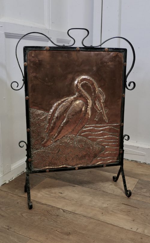 ARTS AND CRAFTS STORK AND FISH COPPER AND IRON FIRE SCREEN - ADDITIONAL PHOTO 4