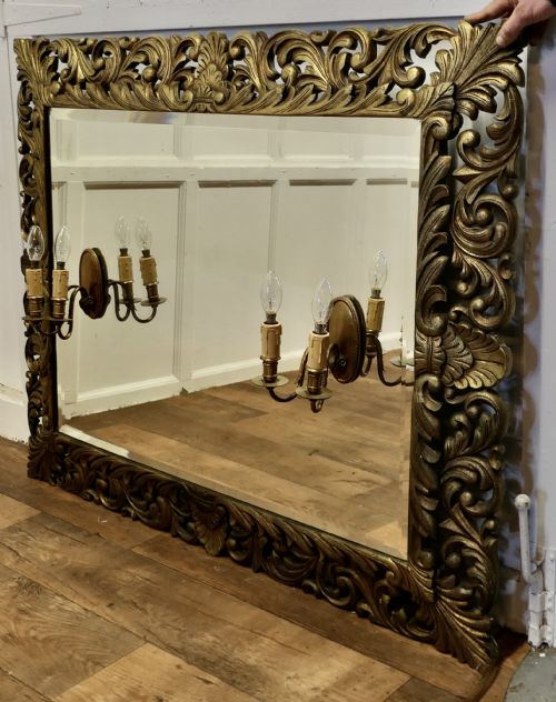 LARGE FRENCH GOTHIC GILT OVERMANTEL MIRROR WITH TWIN SCONCES - ADDITIONAL PHOTO 4