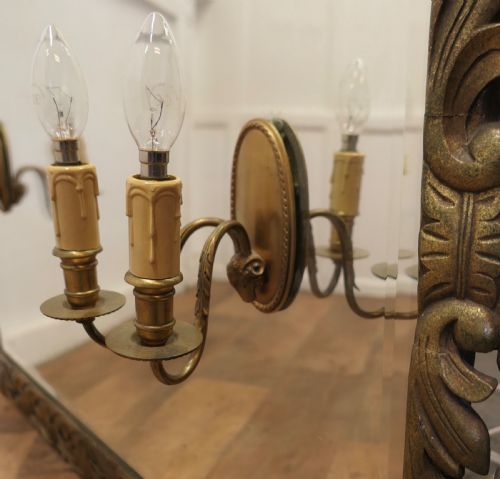 LARGE FRENCH GOTHIC GILT OVERMANTEL MIRROR WITH TWIN SCONCES - ADDITIONAL PHOTO 1