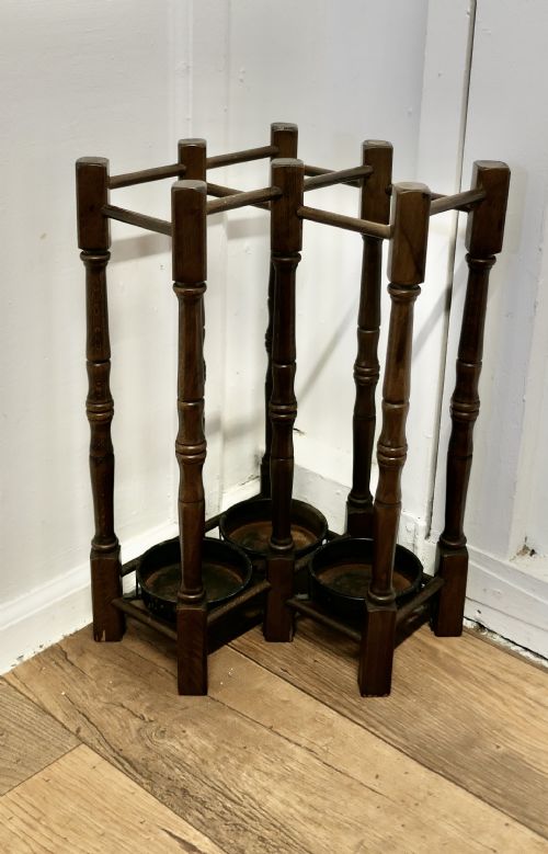 A Turned Beech Corner Stick and Umbrella Stand