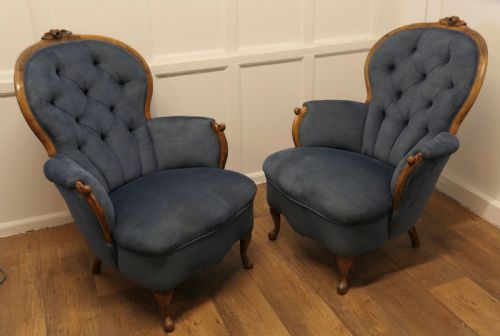 PAIR OF FRENCH BLUE BUTTON BACK SALON CHAIRS - ADDITIONAL PHOTO 2
