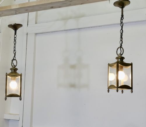 Petite Pair of French Brass and Glass Hall Lantern Lights