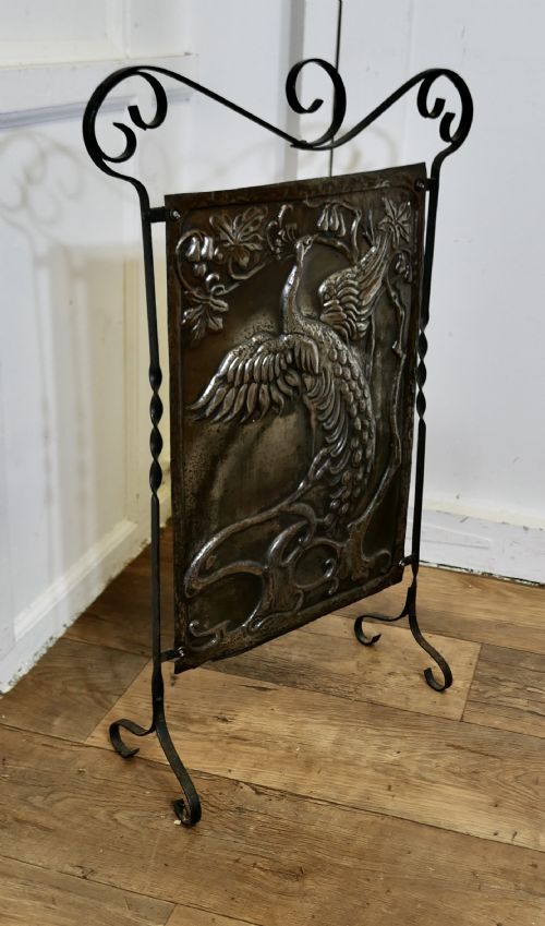 ARTS AND CRAFTS PEACOCK POLISHED IRON FIRE SCREEN - ADDITIONAL PHOTO 2