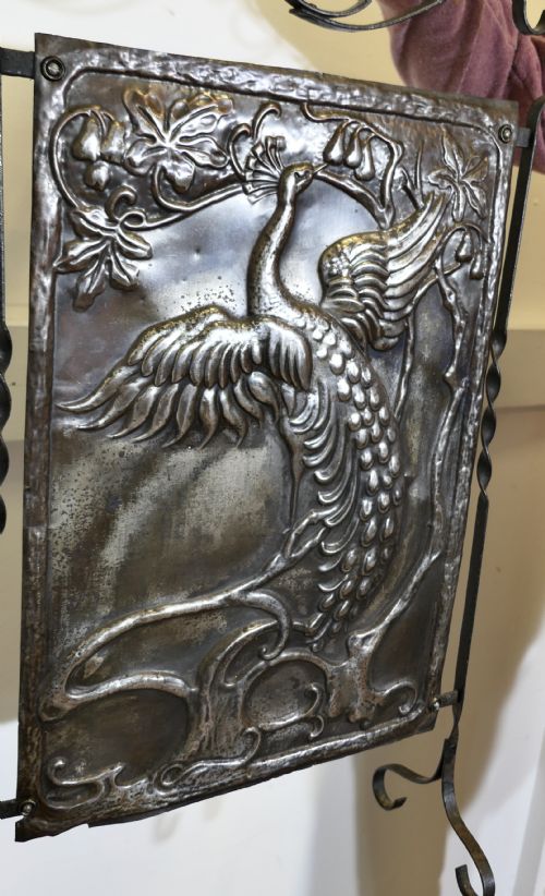 ARTS AND CRAFTS PEACOCK POLISHED IRON FIRE SCREEN - ADDITIONAL PHOTO 3