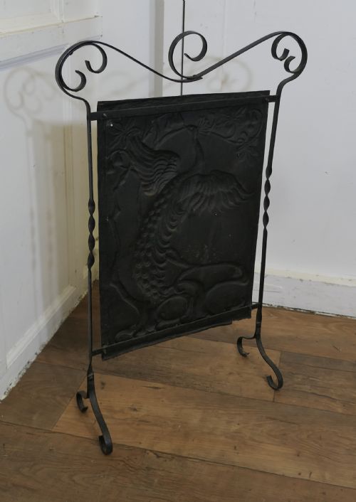 ARTS AND CRAFTS PEACOCK POLISHED IRON FIRE SCREEN - ADDITIONAL PHOTO 4