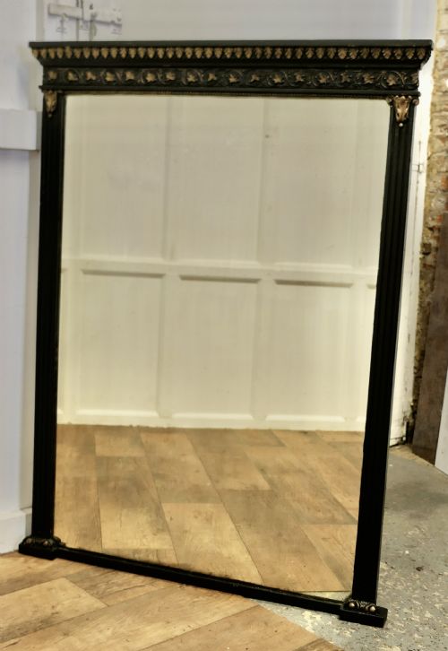 Large French Overmantel Mirror in Black with Gold Detail