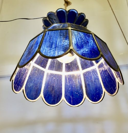 LARGE ARTS AND CRAFTS COBALT BLUE LEADED GLASS PENDANT LAMP - ADDITIONAL PHOTO 1