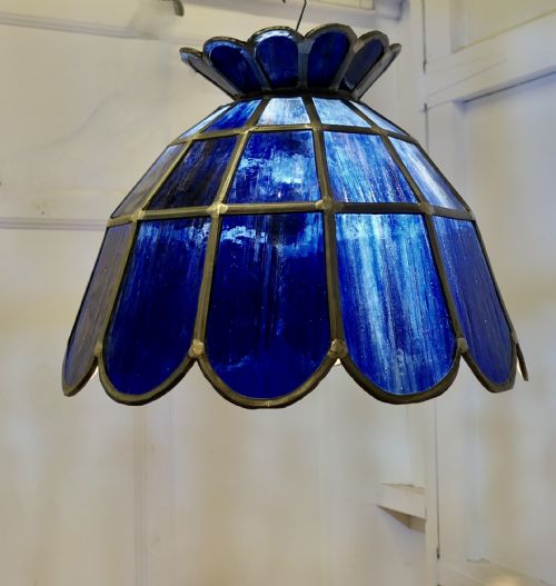 LARGE ARTS AND CRAFTS COBALT BLUE LEADED GLASS PENDANT LAMP - ADDITIONAL PHOTO 4