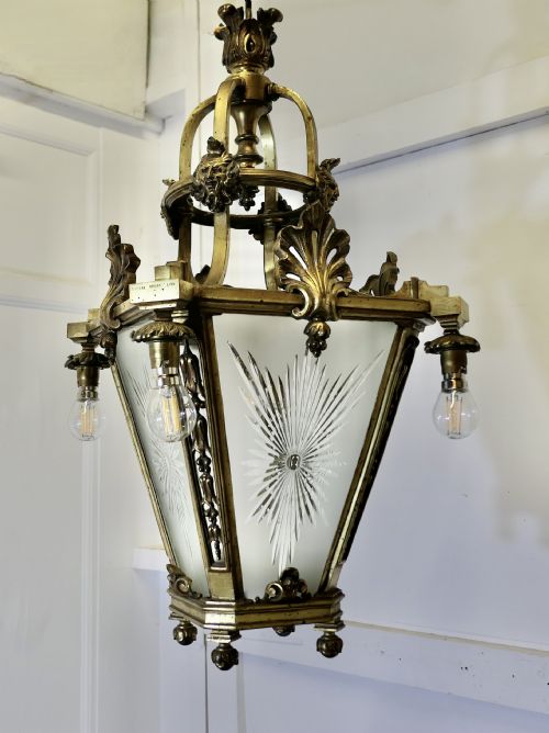 LARGE FRENCH ARTS AND CRAFTS GOTHIC HALL LANTERN CEILING LIGHT - ADDITIONAL PHOTO 1