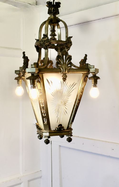 LARGE FRENCH ARTS AND CRAFTS GOTHIC HALL LANTERN CEILING LIGHT - ADDITIONAL PHOTO 2