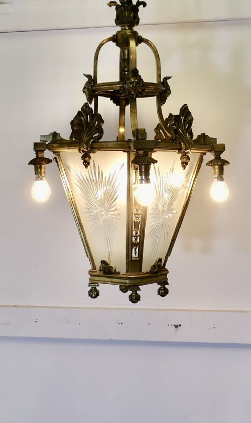 LARGE FRENCH ARTS AND CRAFTS GOTHIC HALL LANTERN CEILING LIGHT - ADDITIONAL PHOTO 3
