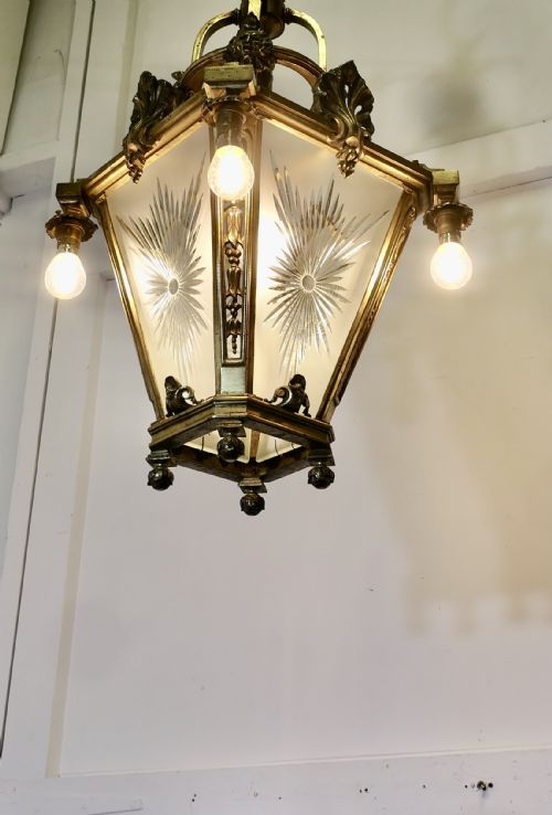 LARGE FRENCH ARTS AND CRAFTS GOTHIC HALL LANTERN CEILING LIGHT - ADDITIONAL PHOTO 4