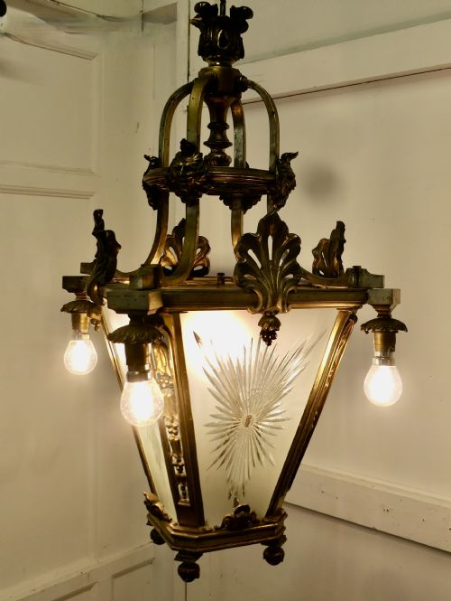 LARGE FRENCH ARTS AND CRAFTS GOTHIC HALL LANTERN CEILING LIGHT - ADDITIONAL PHOTO 5
