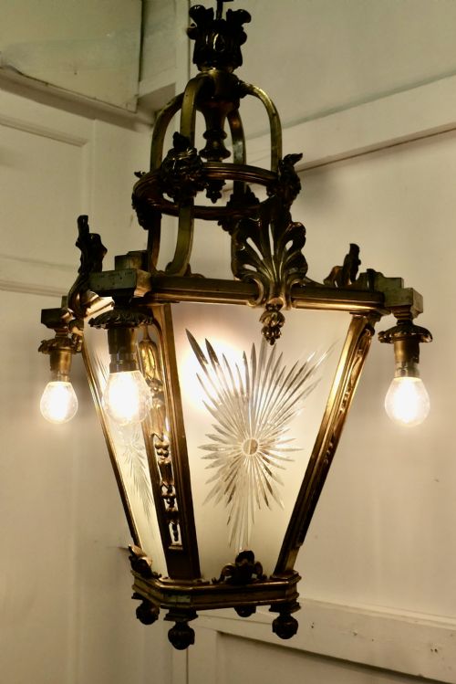 LARGE FRENCH ARTS AND CRAFTS GOTHIC HALL LANTERN CEILING LIGHT - ADDITIONAL PHOTO 6