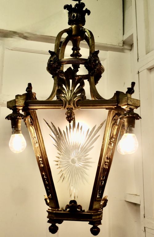 LARGE FRENCH ARTS AND CRAFTS GOTHIC HALL LANTERN CEILING LIGHT - ADDITIONAL PHOTO 7