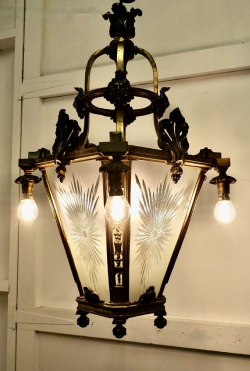 LARGE FRENCH ARTS AND CRAFTS GOTHIC HALL LANTERN CEILING LIGHT - ADDITIONAL PHOTO 8