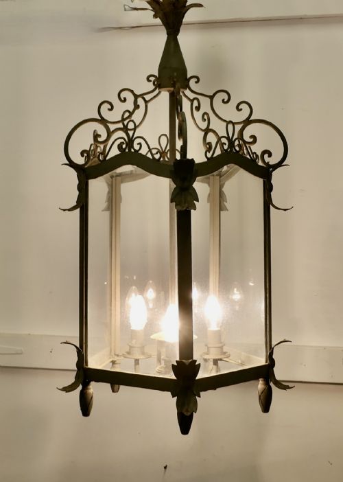 LARGE WROUGHT IRON VERY DECORATIVE FRENCH HALL LANTERN - ADDITIONAL PHOTO 1