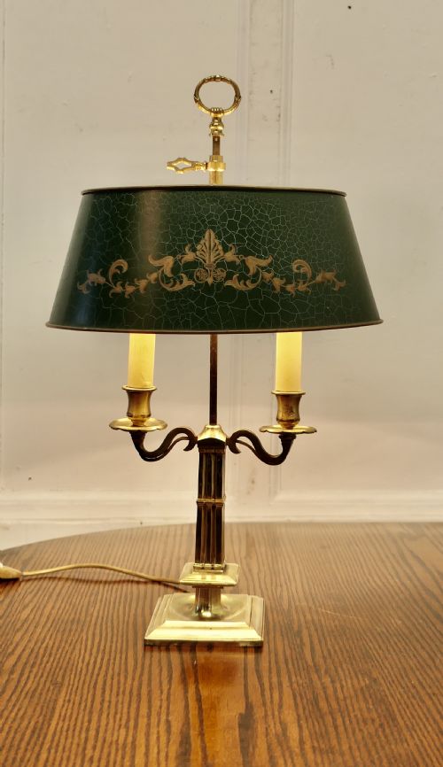 French Green Toleware and Brass Twin Bouillotte Desk Lamp