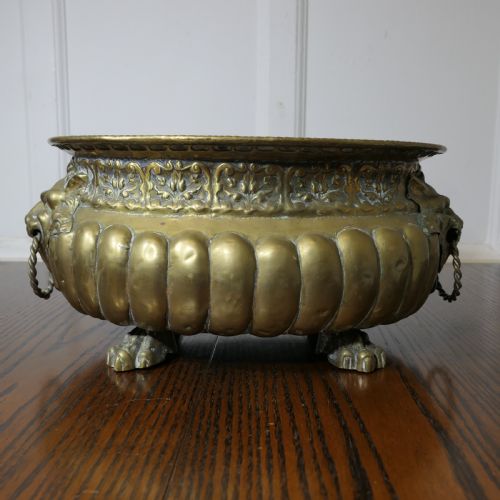 GOTHIC BRASS JARDINIERE WITH LIONS MASK HANDLES AND LINER - ADDITIONAL PHOTO 1