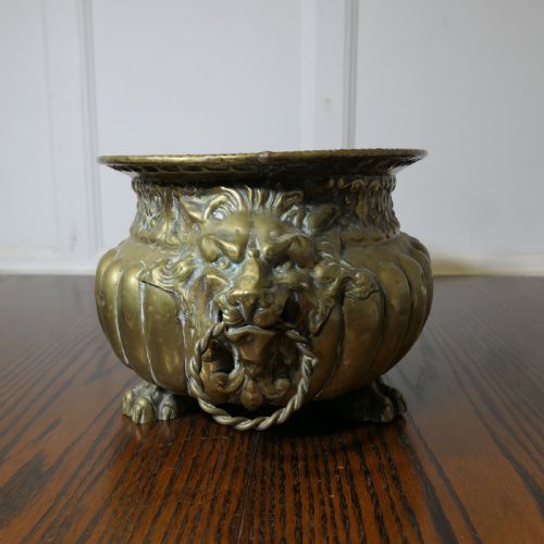 GOTHIC BRASS JARDINIERE WITH LIONS MASK HANDLES AND LINER - ADDITIONAL PHOTO 2