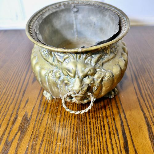 GOTHIC BRASS JARDINIERE WITH LIONS MASK HANDLES AND LINER - ADDITIONAL PHOTO 3