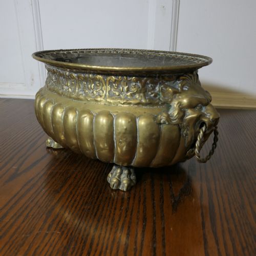 GOTHIC BRASS JARDINIERE WITH LIONS MASK HANDLES AND LINER - ADDITIONAL PHOTO 4