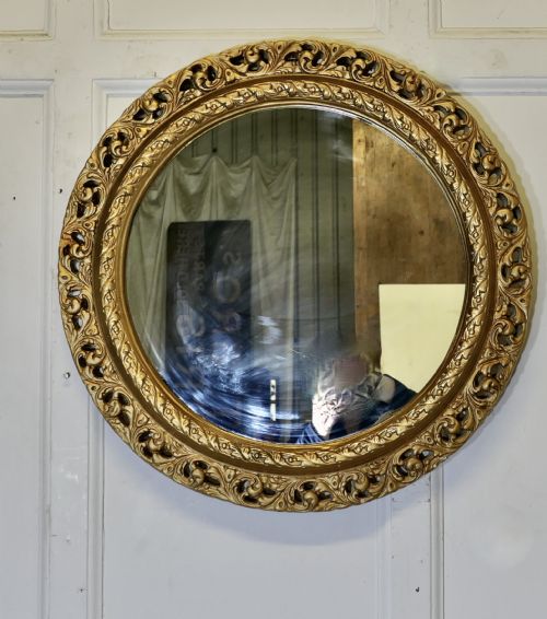 Carved Bevelled Gilt Round Wall Mirror