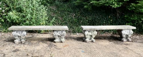 A Pair of Old Gothic Weathered Stone Garden Benches