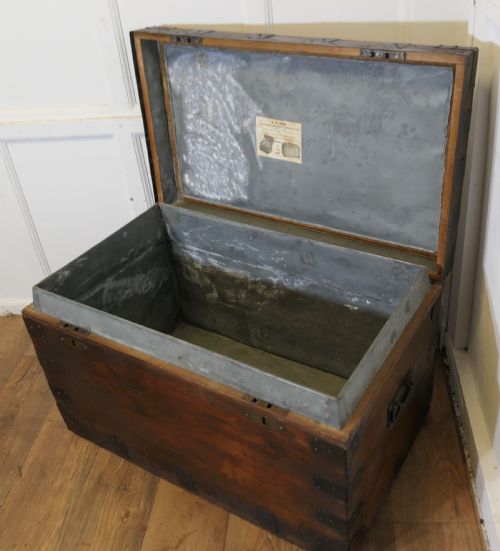 LARGE LINED IRON BANDED TRAVEL TRUNK MADE BY H D DEAN - ADDITIONAL PHOTO 4