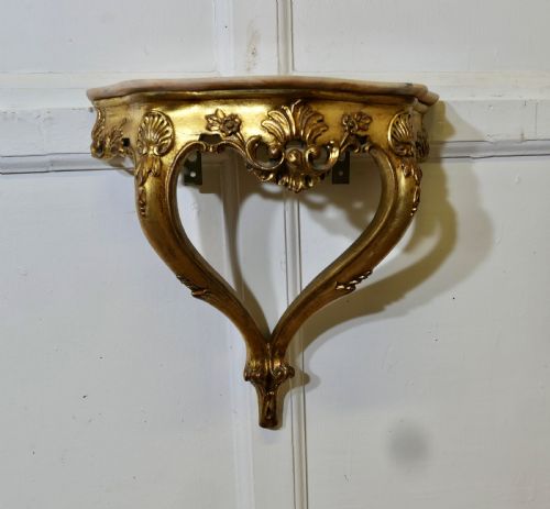 Charming French Gilt and Marble Console Hall Table, Wall Shelf