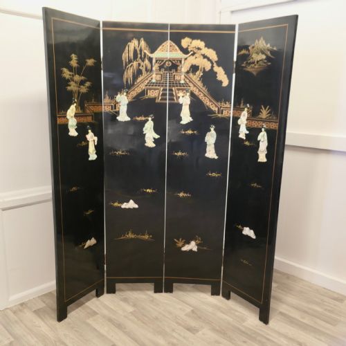 Japanese Etched Lacquer and Painted Folding Screen