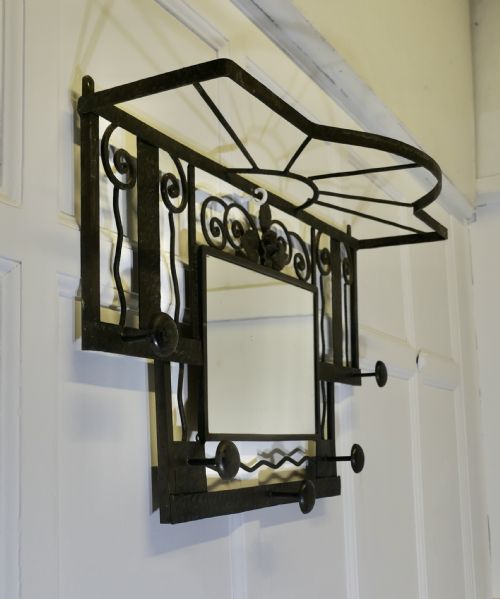 FRENCH ART DECO IRON HAT AND COAT RACK WITH SHELF MIRROR INDUSTRIAL STYLE - ADDITIONAL PHOTO 3