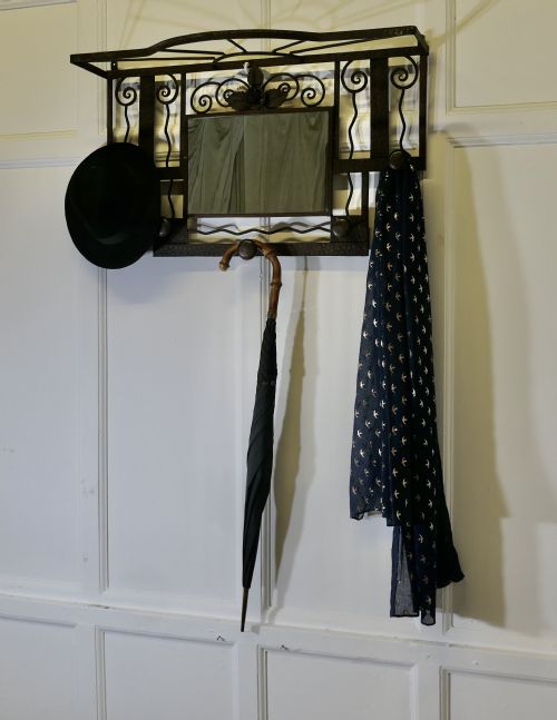 FRENCH ART DECO IRON HAT AND COAT RACK WITH SHELF MIRROR INDUSTRIAL STYLE - ADDITIONAL PHOTO 6