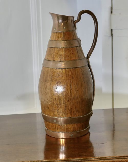 FRENCH ARTS AND CRAFTS GOLDEN OAK CIDER JUG WITH COPPER BANDS - ADDITIONAL PHOTO 2