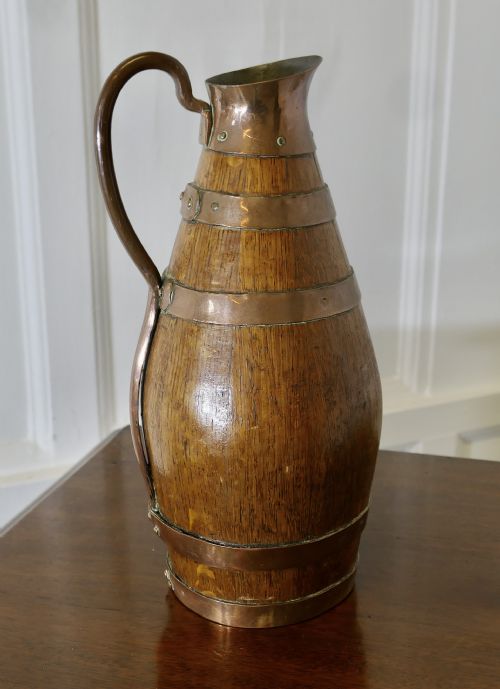 FRENCH ARTS AND CRAFTS GOLDEN OAK CIDER JUG WITH COPPER BANDS - ADDITIONAL PHOTO 3
