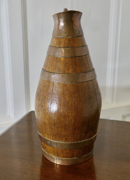FRENCH ARTS AND CRAFTS GOLDEN OAK CIDER JUG WITH COPPER BANDS - ADDITIONAL PHOTO 4