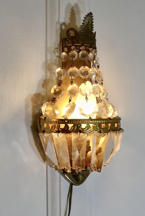 PAIR OF FRENCH BRASS AND CRYSTAL CHANDELIER WALL LIGHTS - ADDITIONAL PHOTO 1