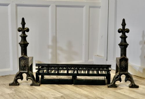 LARGE 19TH CENTURY INGLENOOK ANDIRONS AND GRATE